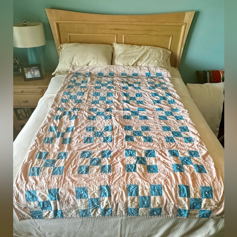 Vintage 65+ yrs. Handmade Twin Quilt Faded Pink & Blue. Hand tied patches.
